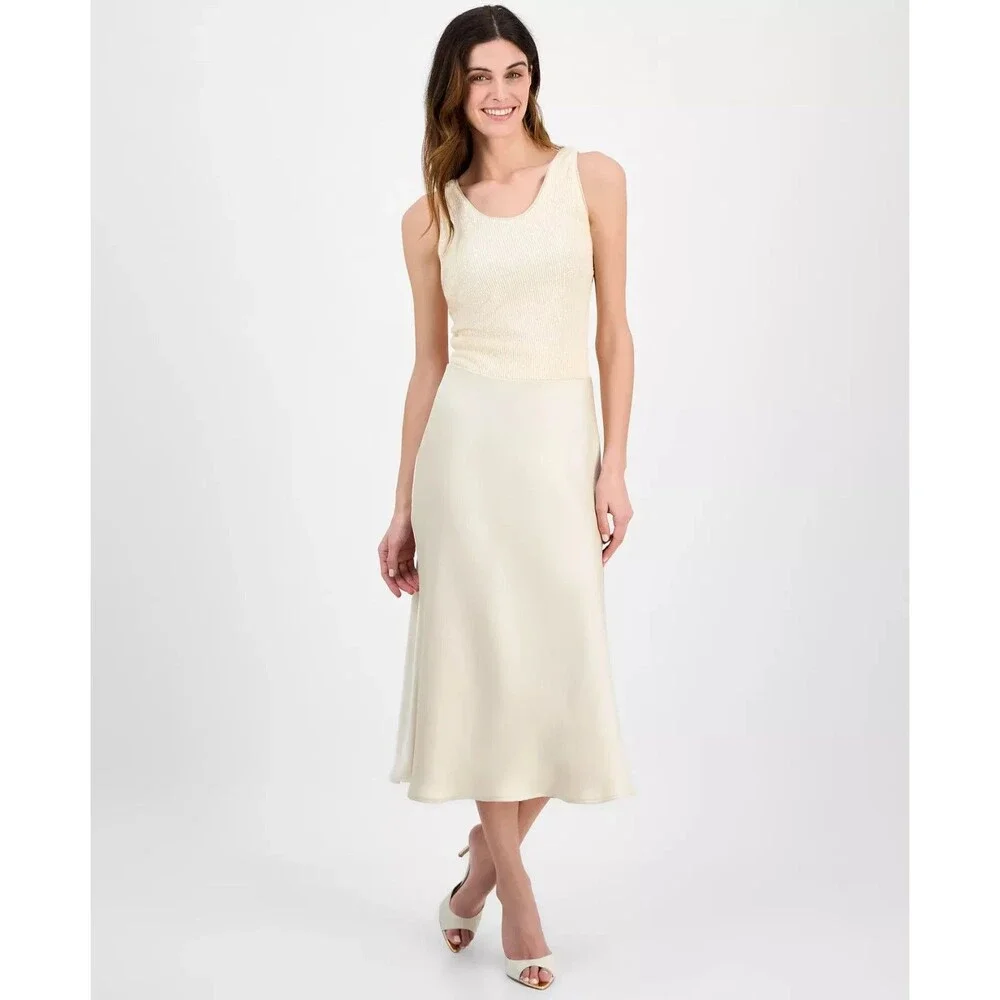 Anne Klein Women's Flared Pull-On Midi Skirt Flowy Lightweight Champagne Size M